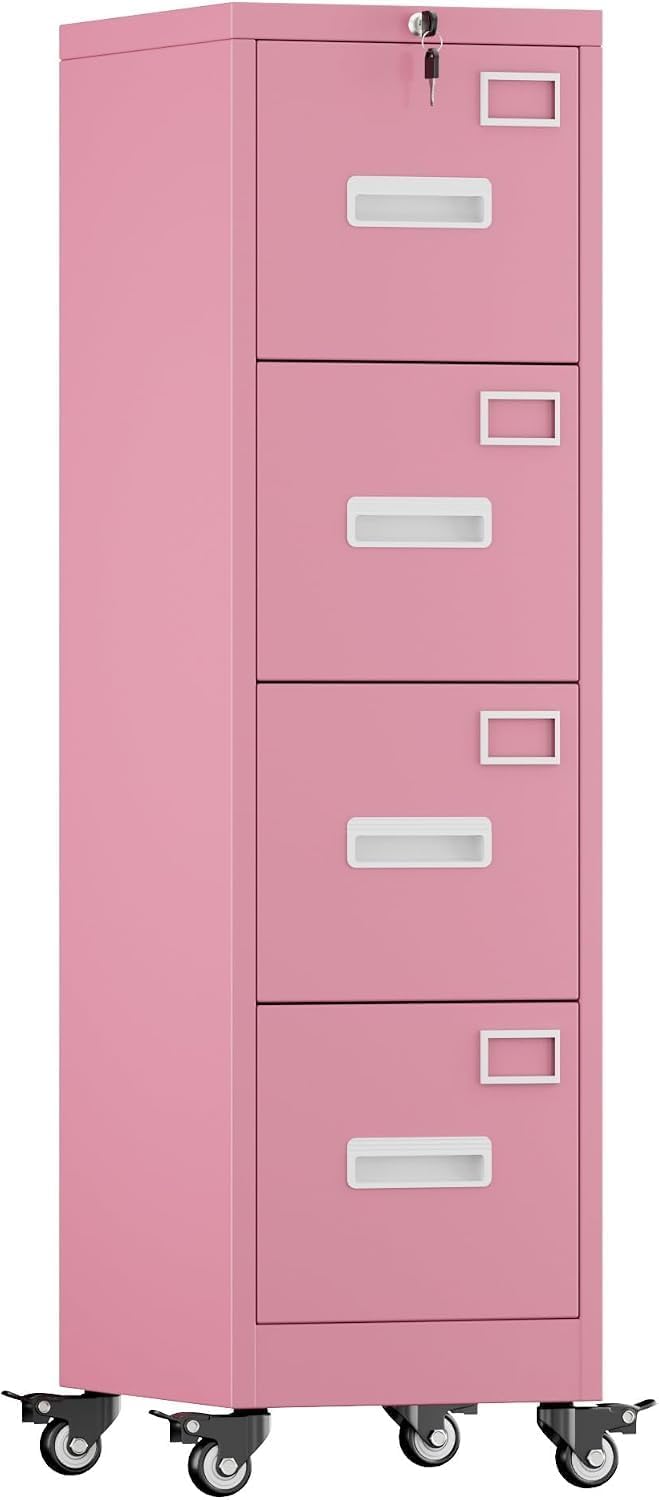 Pink 4-Drawer Metal File Cabinet with Lock and Wheels C16865