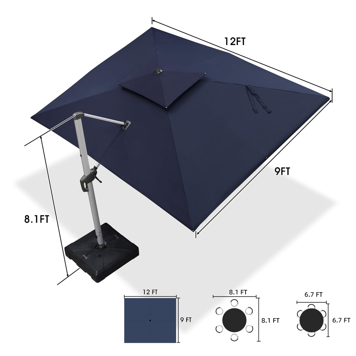 Navy Blue 9' X 12' Patio Cantilever Umbrella with Base Q9643