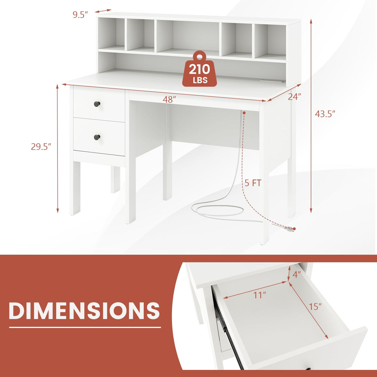 White Desk with Drawers and Hutch B296
