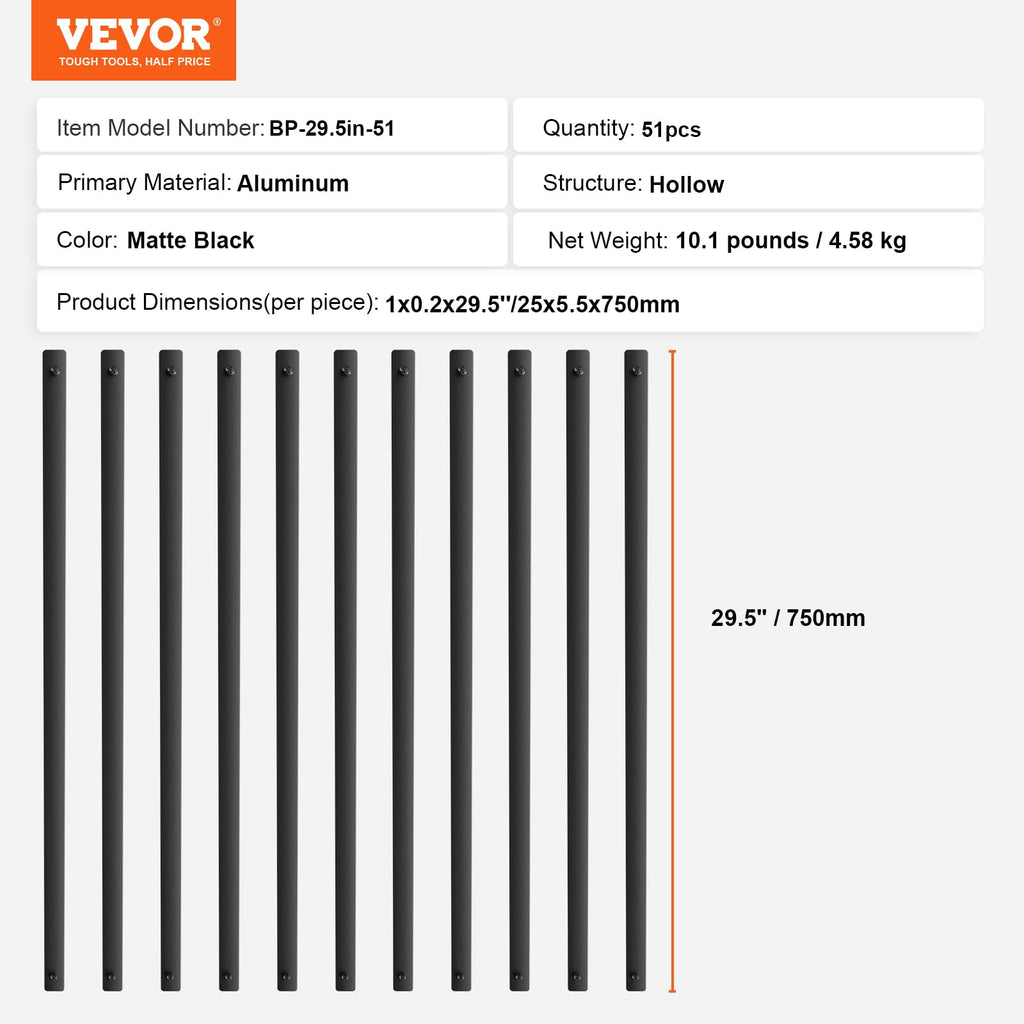 29.5"x1" Flat Aluminum Alloy 51 Pack Satin Black Metal Balusters K654