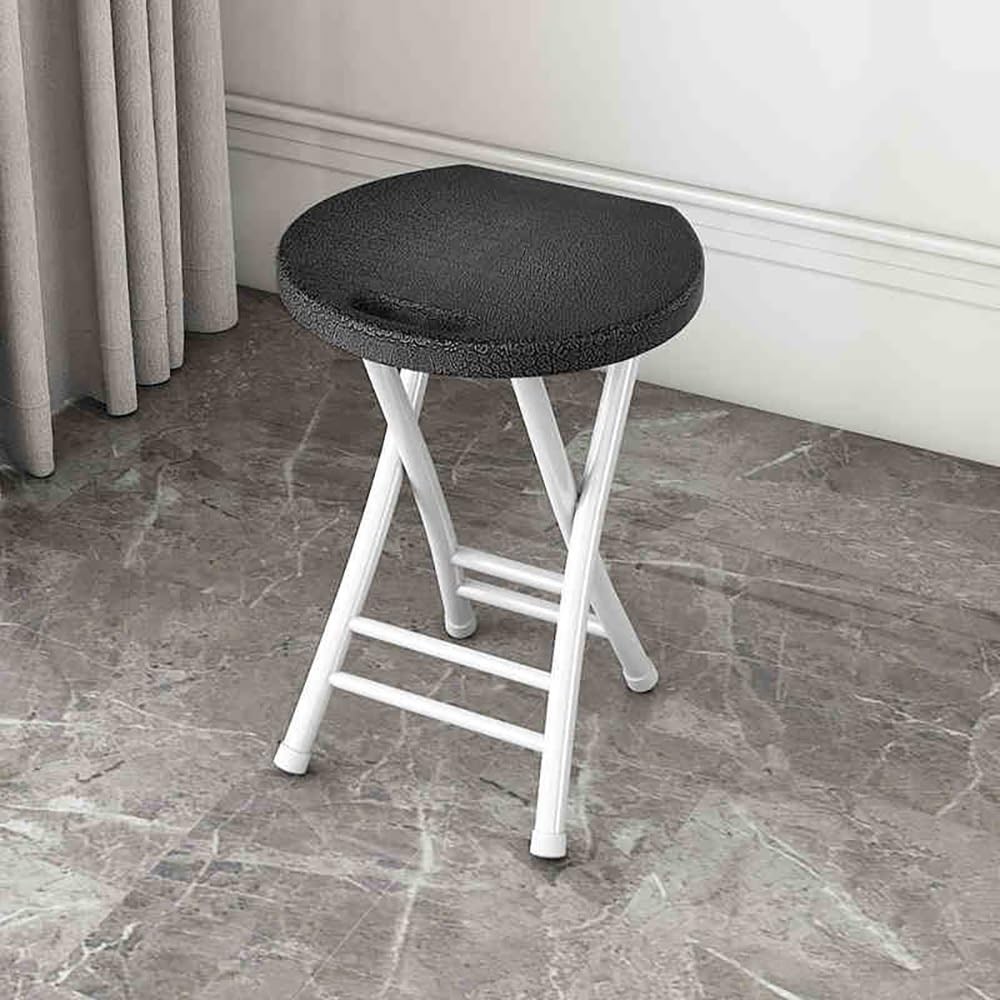 Folding Stool, 18in Portable Collapsible Bar Stool with Handle, Foldable Lightweight Camping Chair Stool for Outdoor Indoor Kitchen Bar, Assembly Free(Black,White Frame) L796
