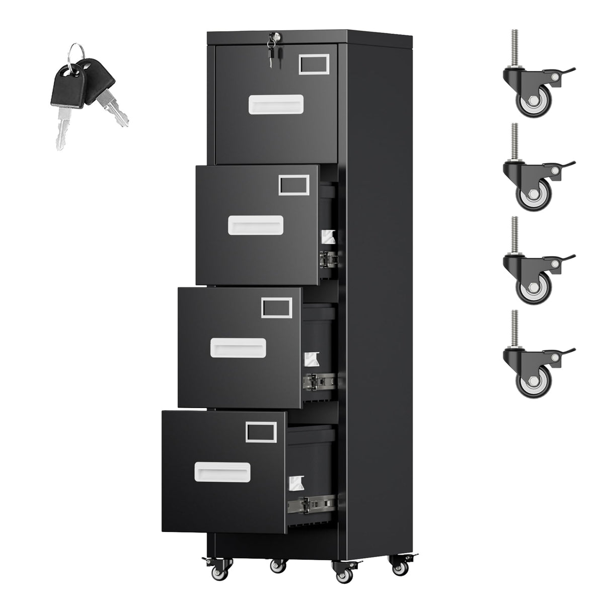 Metal 4 Drawer File Cabinet with Lock and Wheels, Black Z918