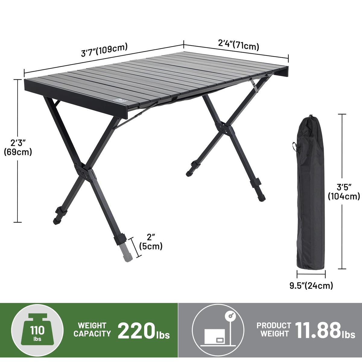 Folding Camping Table Adjustable Height Lightweight Aluminum Black R38578