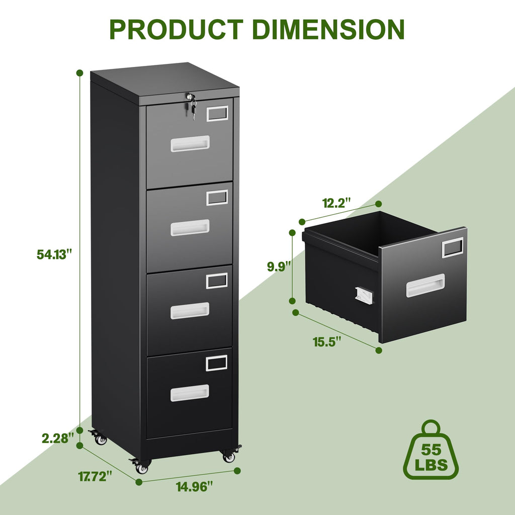 Metal 4 Drawer File Cabinet with Lock and Wheels, Black Z918