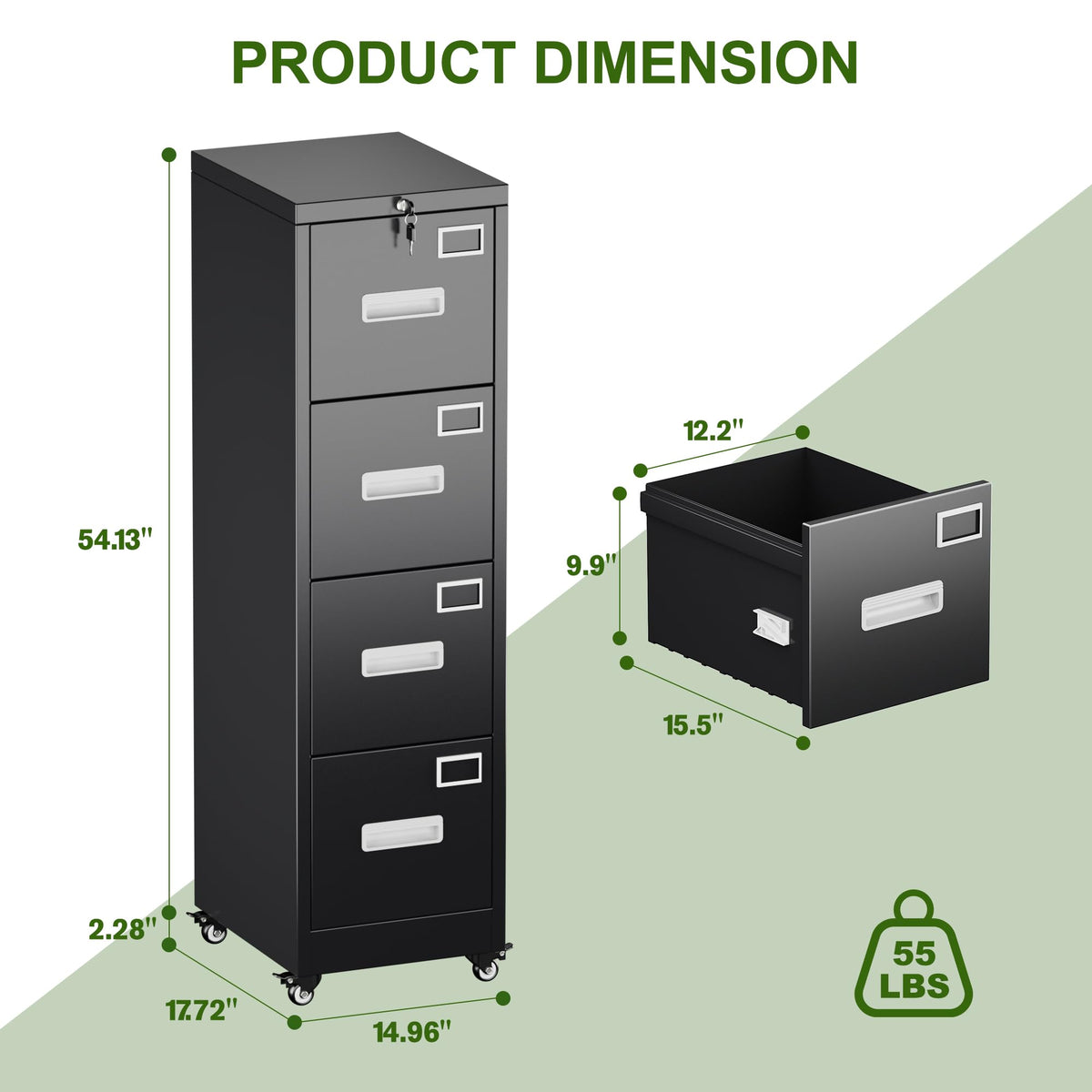 Metal 4 Drawer File Cabinet with Lock and Wheels, Black Z918