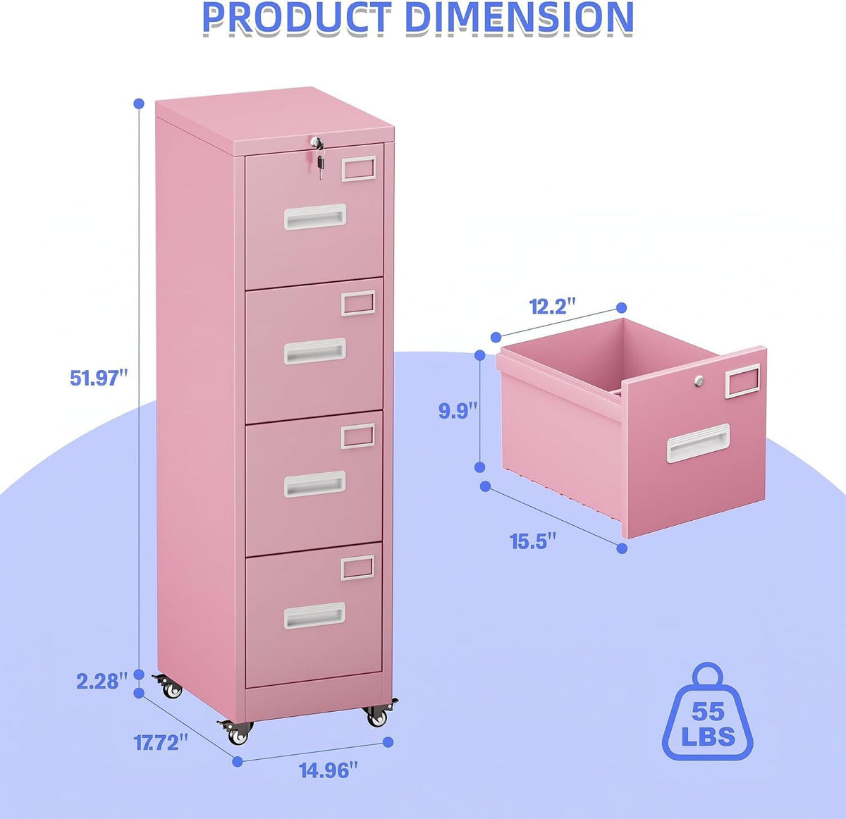 Pink 4-Drawer Metal File Cabinet with Lock and Wheels C16865