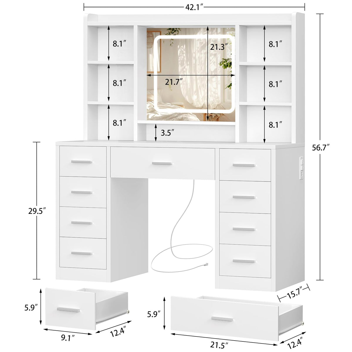 White Vanity Desk with Mirror and 9 Drawers F8801