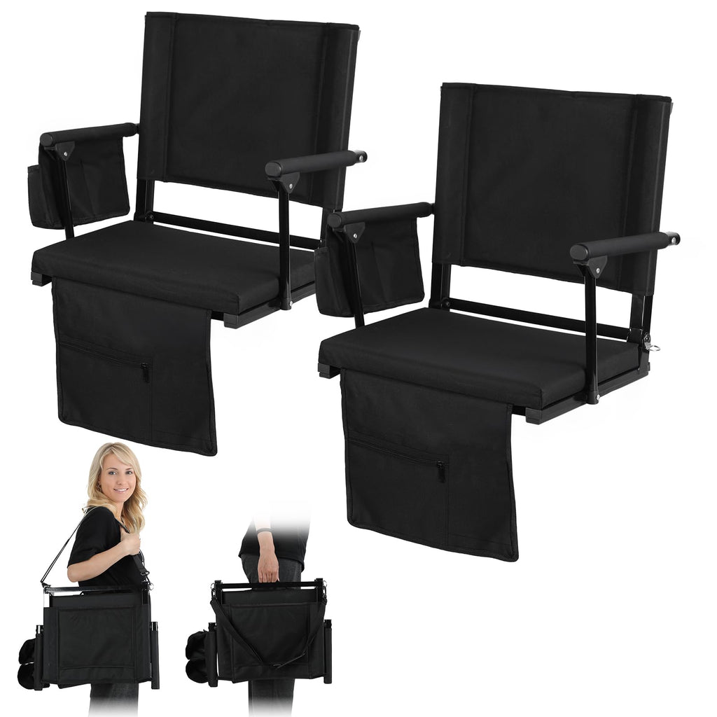 2 Pcs Black Folding Stadium Seats with Back Support and Cup Holder I32363