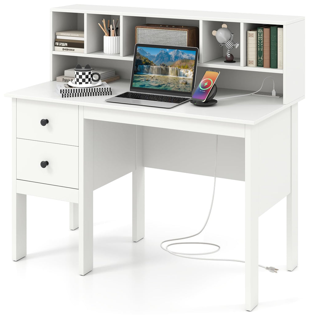 White Desk with Drawers and Hutch B296