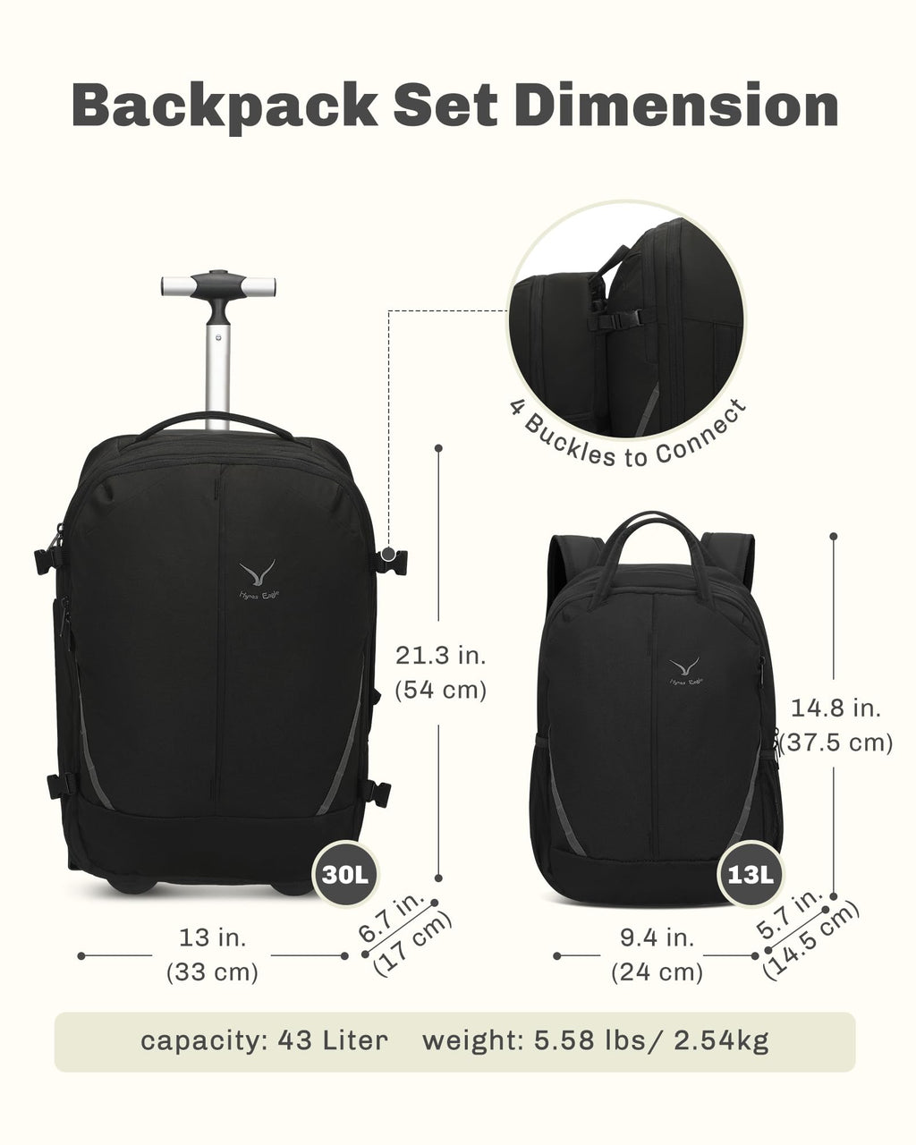 Rolling Backpack with Wheels 43L with Packing Cubes Set M2427