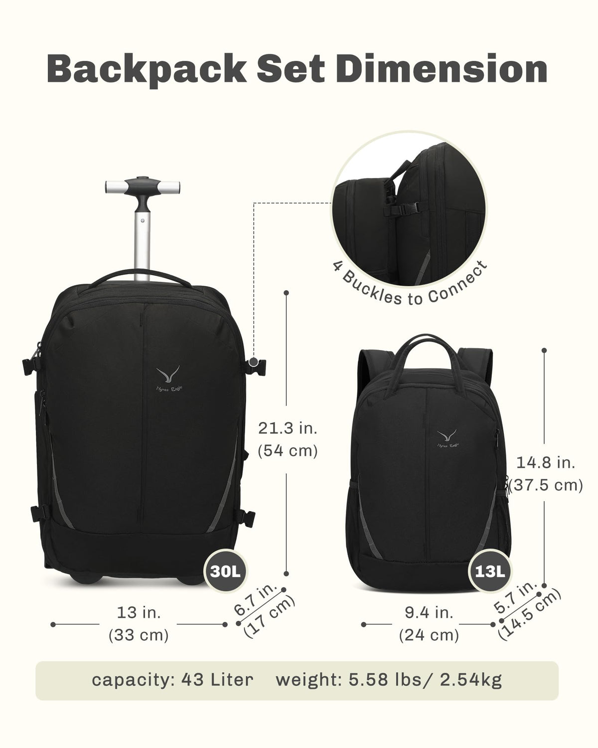 Rolling Backpack with Wheels 43L with Packing Cubes Set M2427