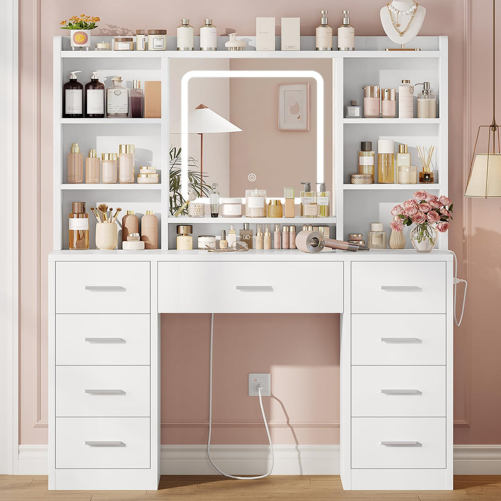 White Vanity Desk with Mirror and 9 Drawers F8801