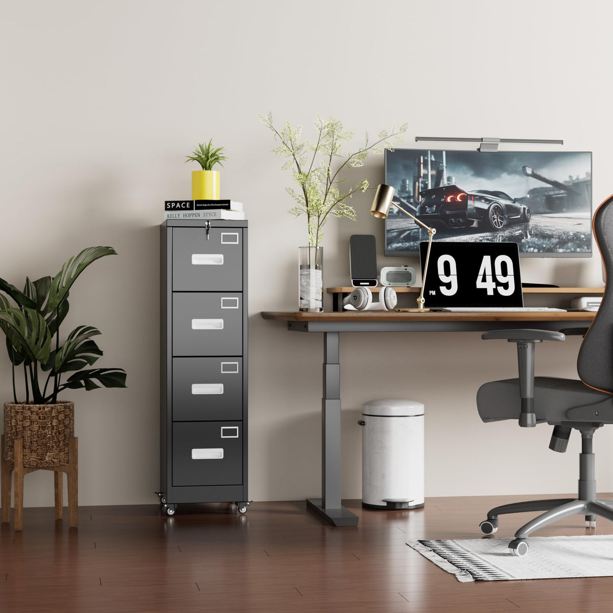 Metal 4 Drawer File Cabinet with Lock and Wheels, Black Z918