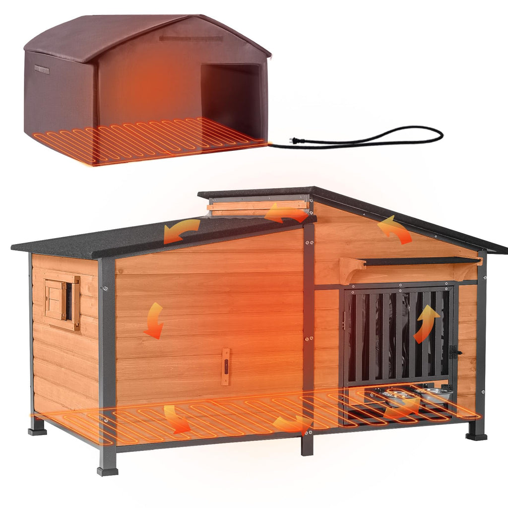 60" Heated Dog House with Heated Pad and Rotating Food Bowl O91619