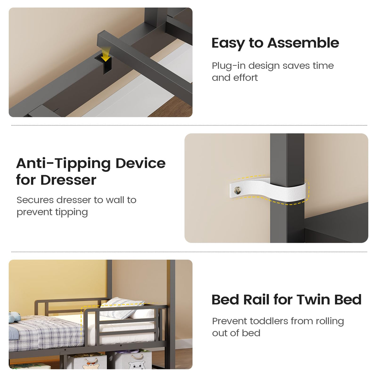 Twin Over Twin Metal Bunk Bed with 6 Storage Drawers I98551
