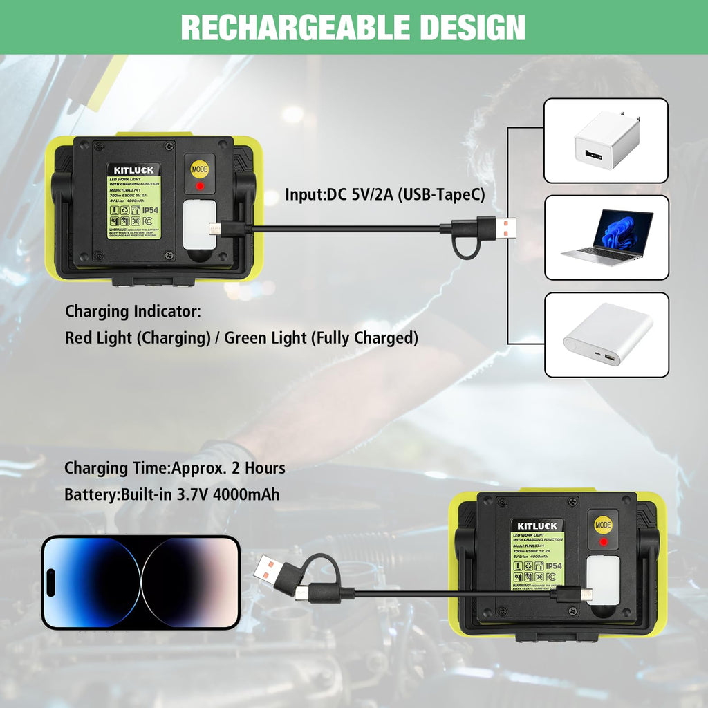LED Work Light, Rechargeable, 700 LM Magnetic Portable Flood Light with Adjustable Stand, IP54 Waterproof, 3 Lighting Modes with Emergency SOS, 1Pack V62470