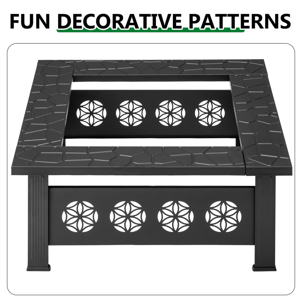 32 Inch Square Wood Burning Fire Pit Table with Spark Screen Lid and Fire Poker Y308