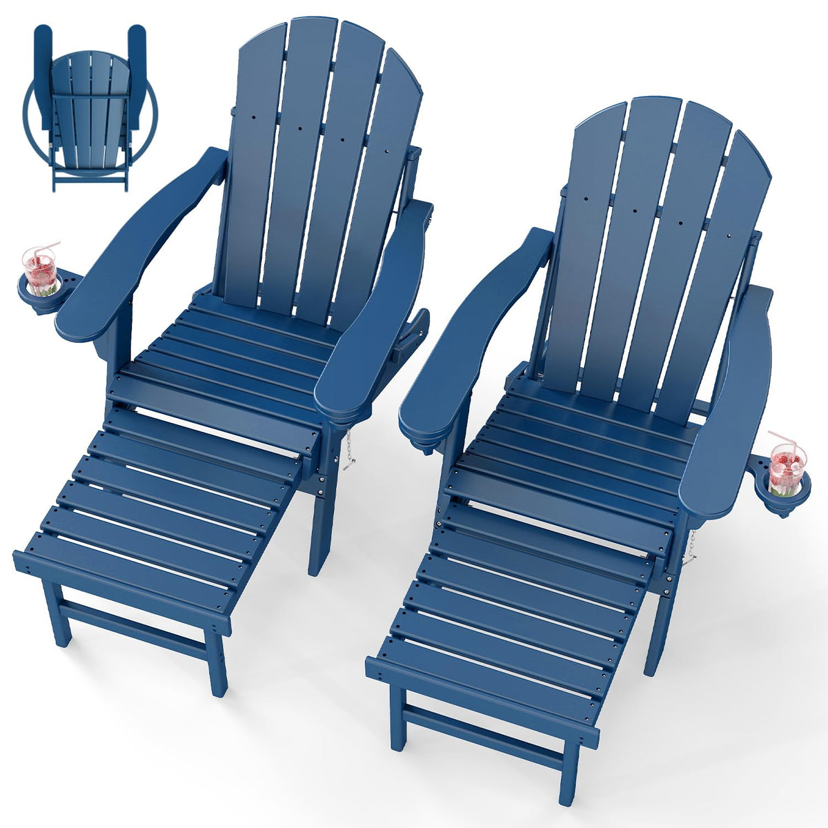 Set of 2 Blue Folding HDPE Plastic Adirondack Chairs with Pull-Out Footrest O192