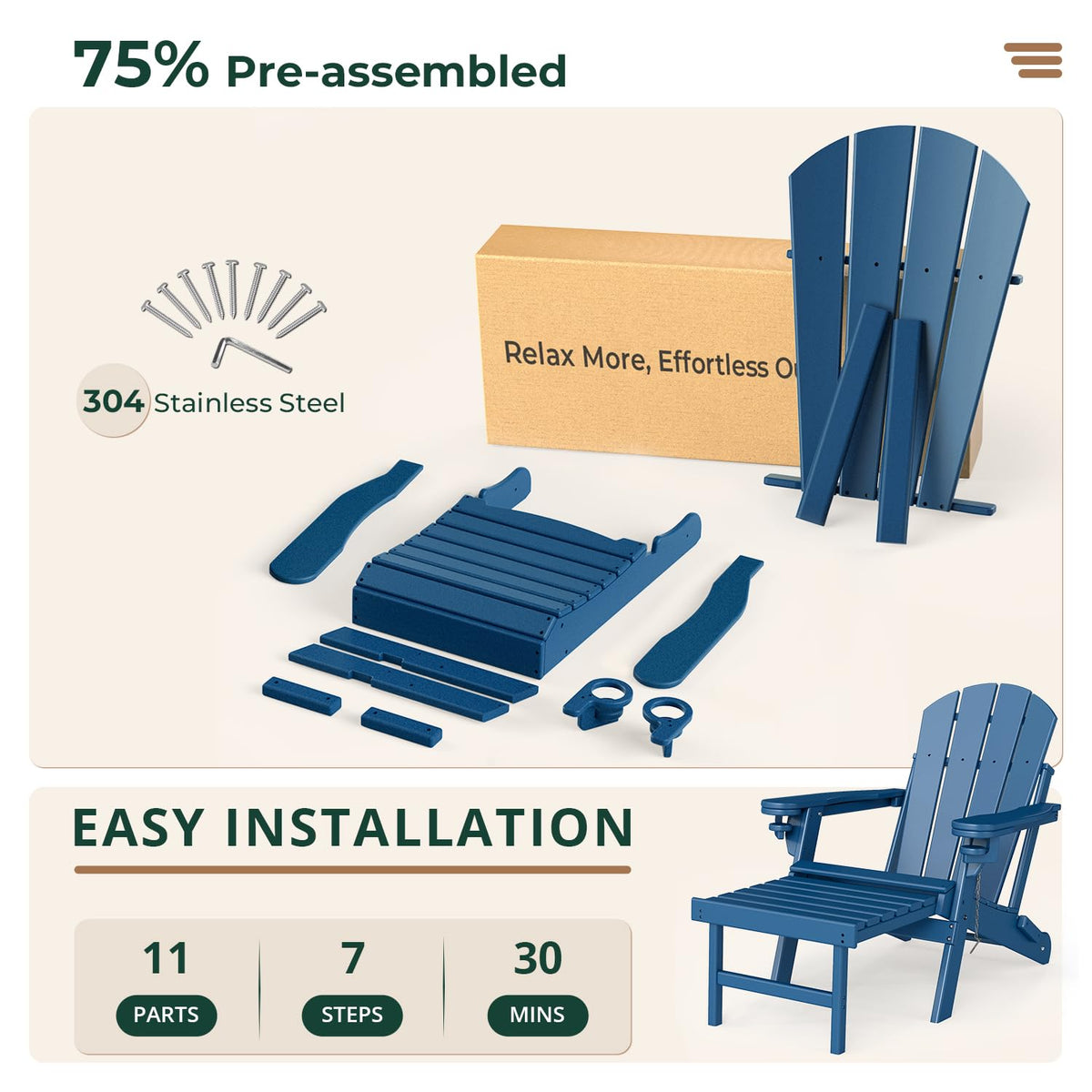 Set of 2 Blue Folding HDPE Plastic Adirondack Chairs with Pull-Out Footrest O192