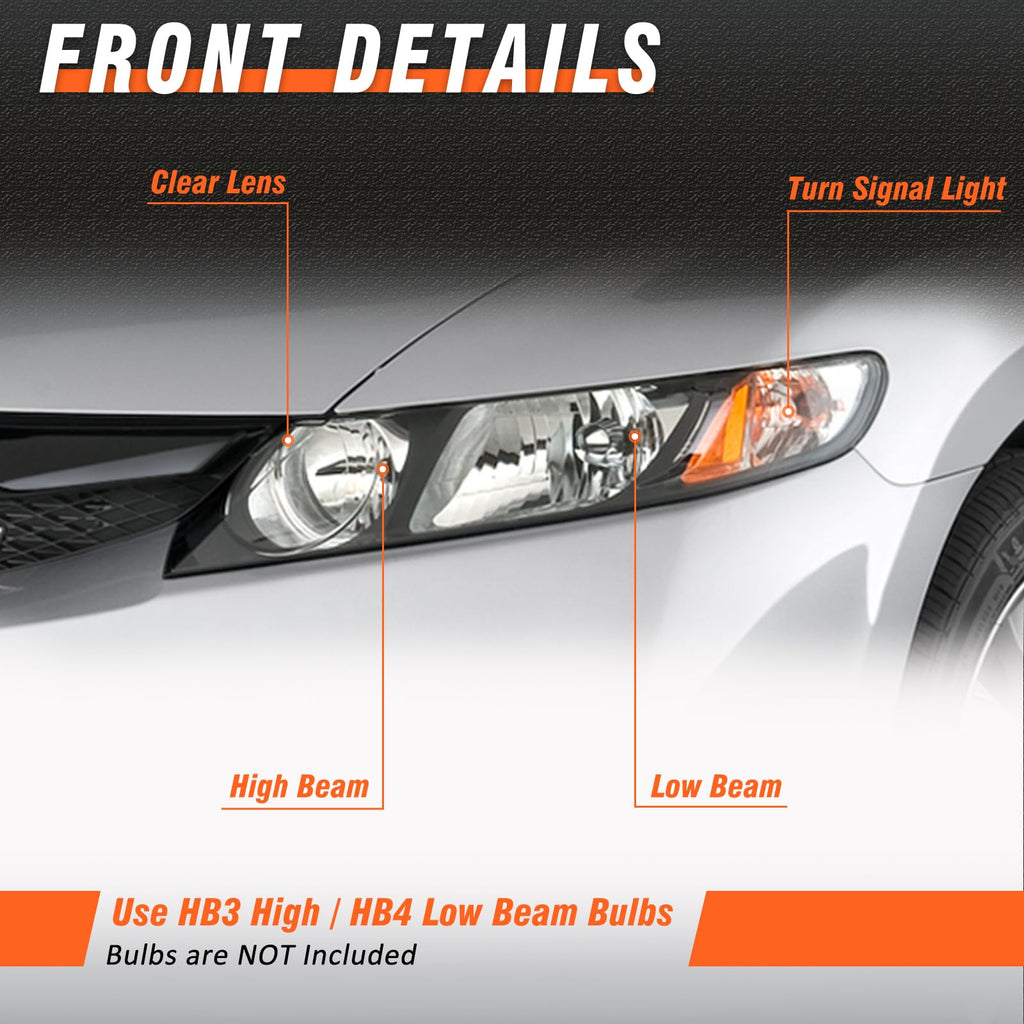 2006-2011 Honda Civic 4 Door Black Headlights Pair H73181