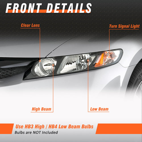 2006-2011 Honda Civic 4 Door Black Headlights Pair H73181