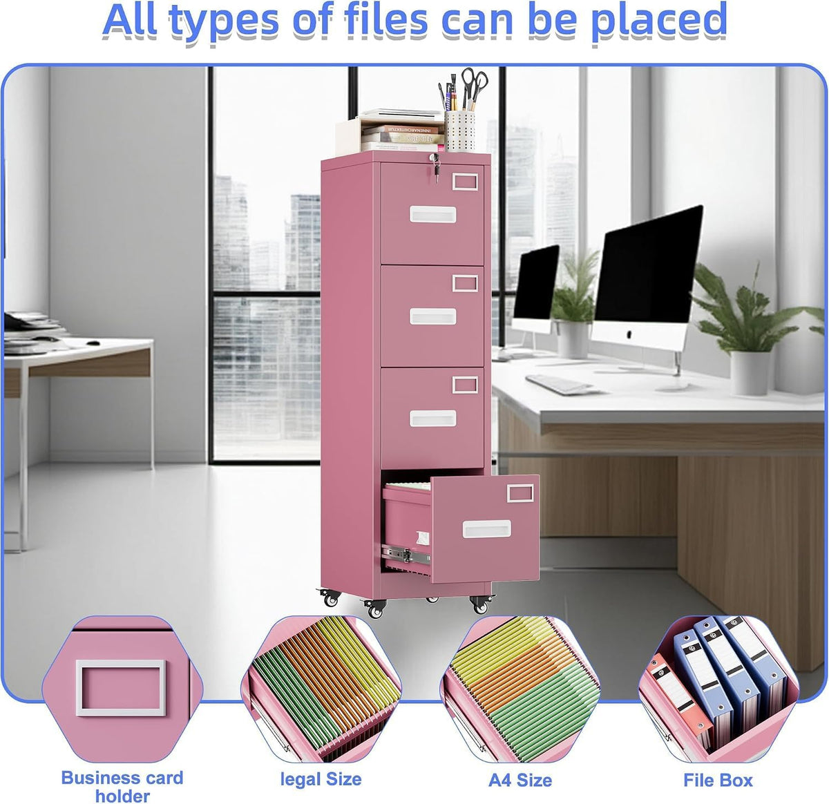 Pink 4-Drawer Metal File Cabinet with Lock and Wheels C16865