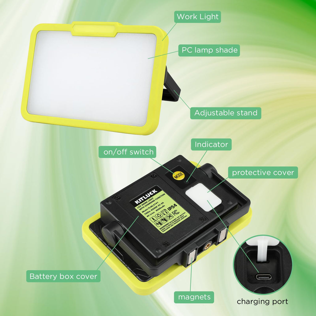 LED Work Light, Rechargeable, 700 LM Magnetic Portable Flood Light with Adjustable Stand, IP54 Waterproof, 3 Lighting Modes with Emergency SOS, 1Pack V62470
