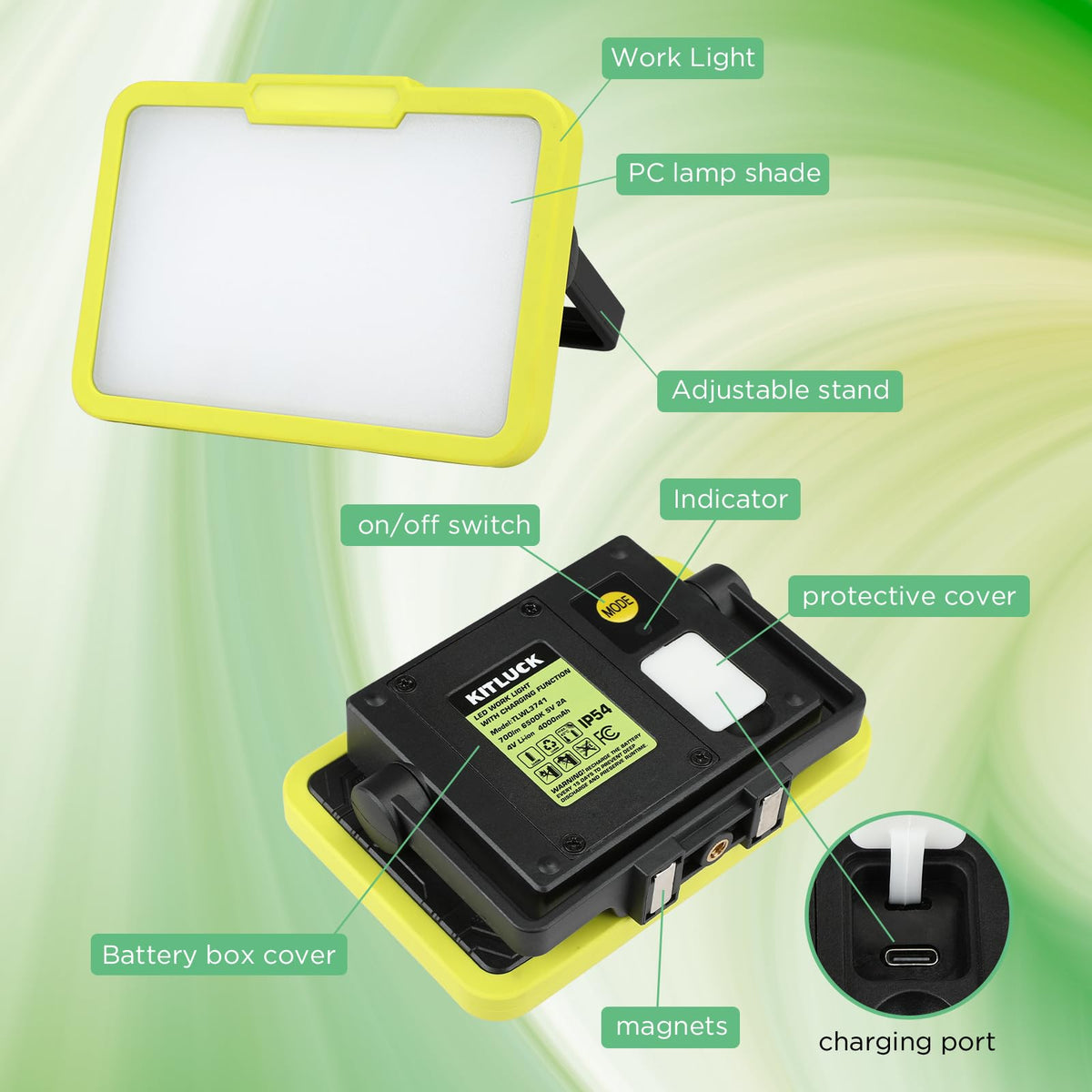 LED Work Light, Rechargeable, 700 LM Magnetic Portable Flood Light with Adjustable Stand, IP54 Waterproof, 3 Lighting Modes with Emergency SOS, 1Pack V62470