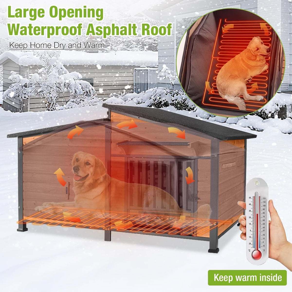 60" Heated Dog House with Heated Pad and Rotating Food Bowl O91619