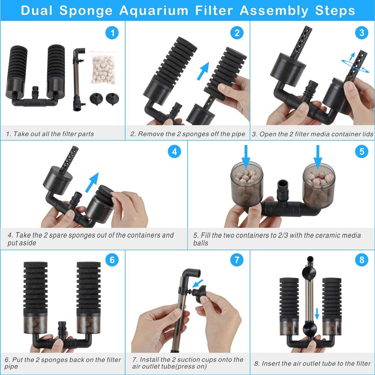 Aquarium Double Sponge Filter with Bio Ceramic Media Balls T3301