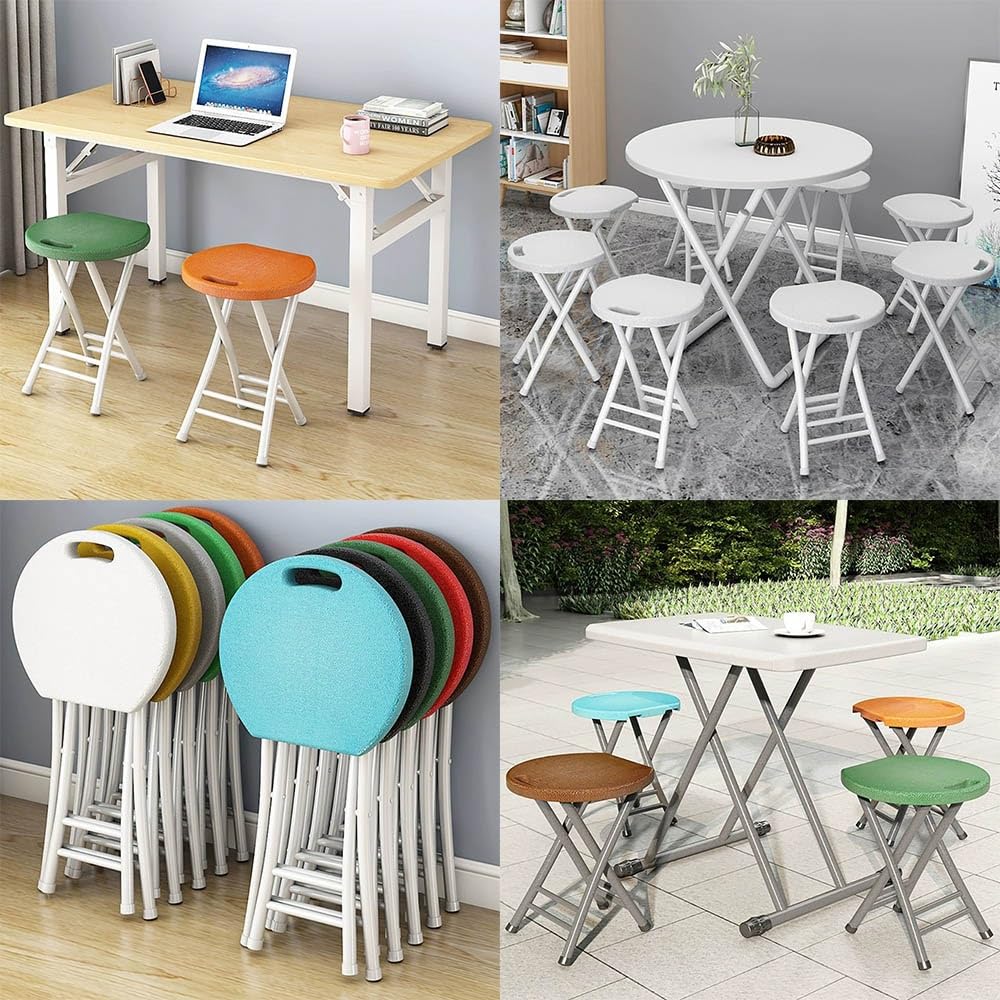 Folding Stool, 18in Portable Collapsible Bar Stool with Handle, Foldable Lightweight Camping Chair Stool for Outdoor Indoor Kitchen Bar, Assembly Free(Black,White Frame) L796