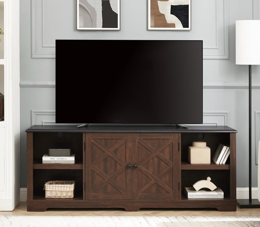 Espresso and Black TV Media Stand with Open Shelves and Closed Cabinets G32168
