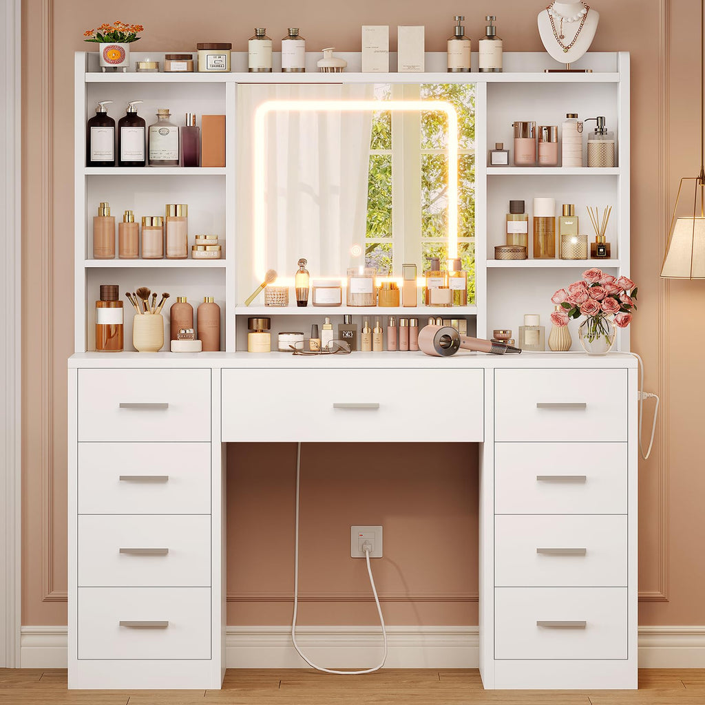 White Vanity Desk with Mirror and 9 Drawers F8801