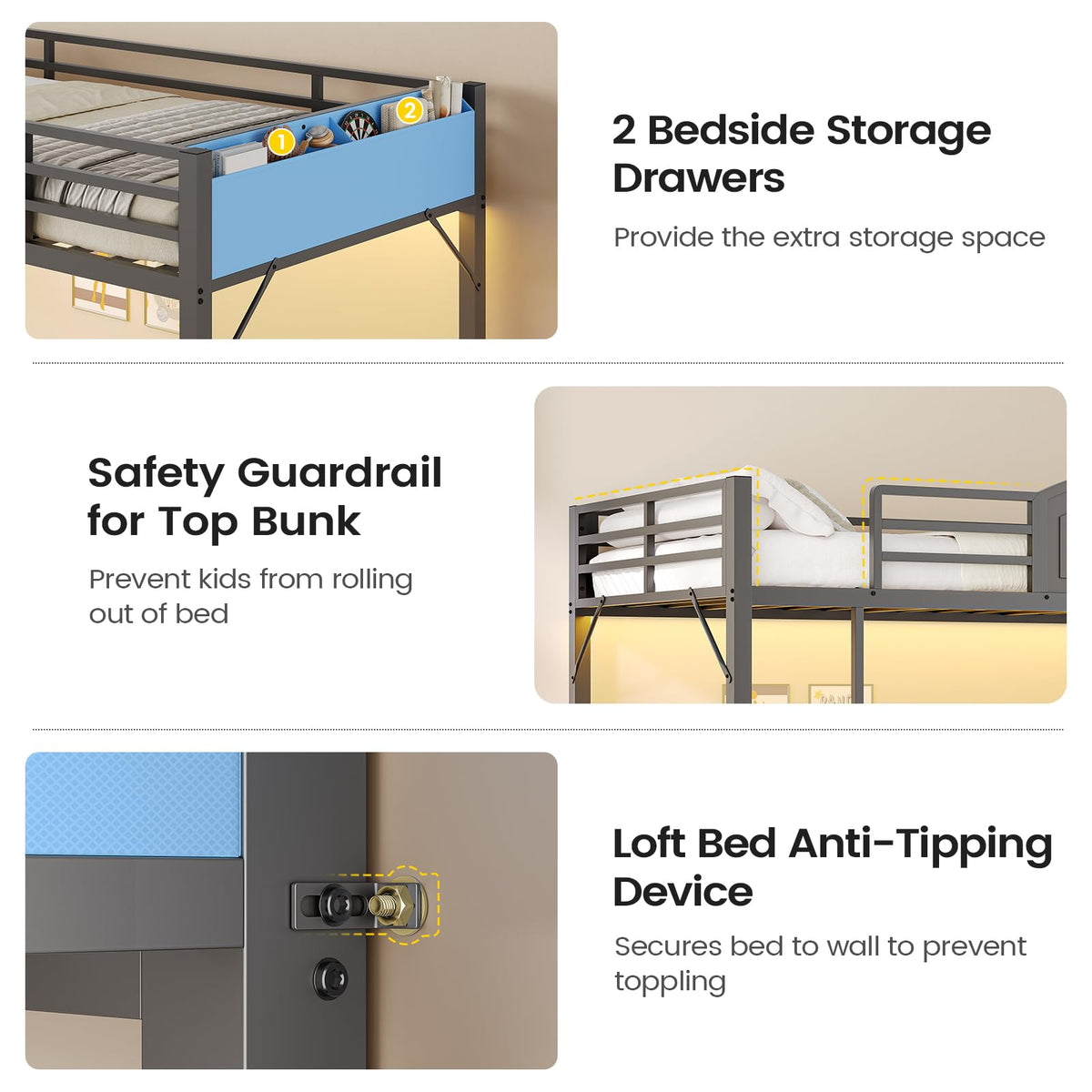 Twin Over Twin Metal Bunk Bed with 6 Storage Drawers I98551