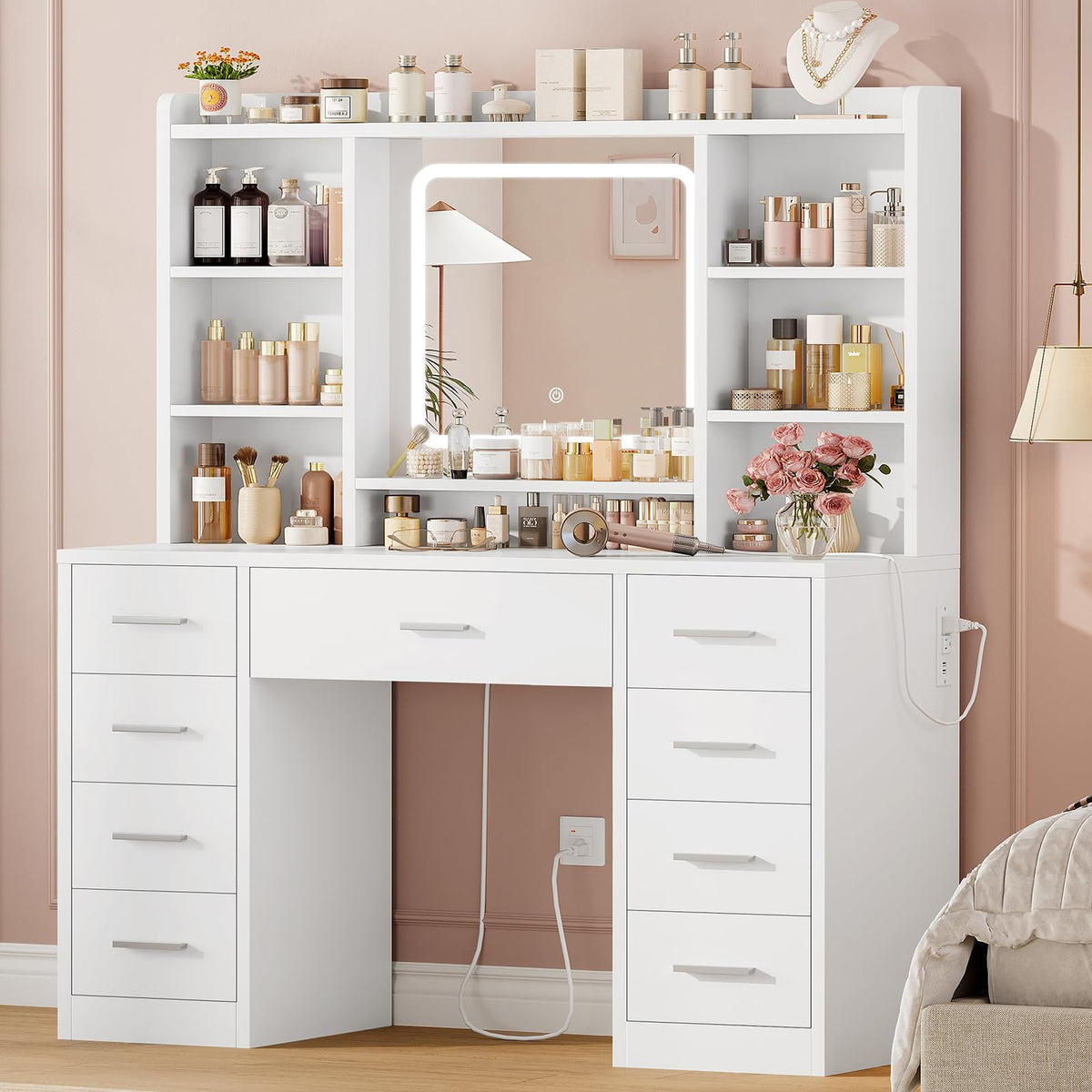 White Vanity Desk with Mirror and 9 Drawers F8801