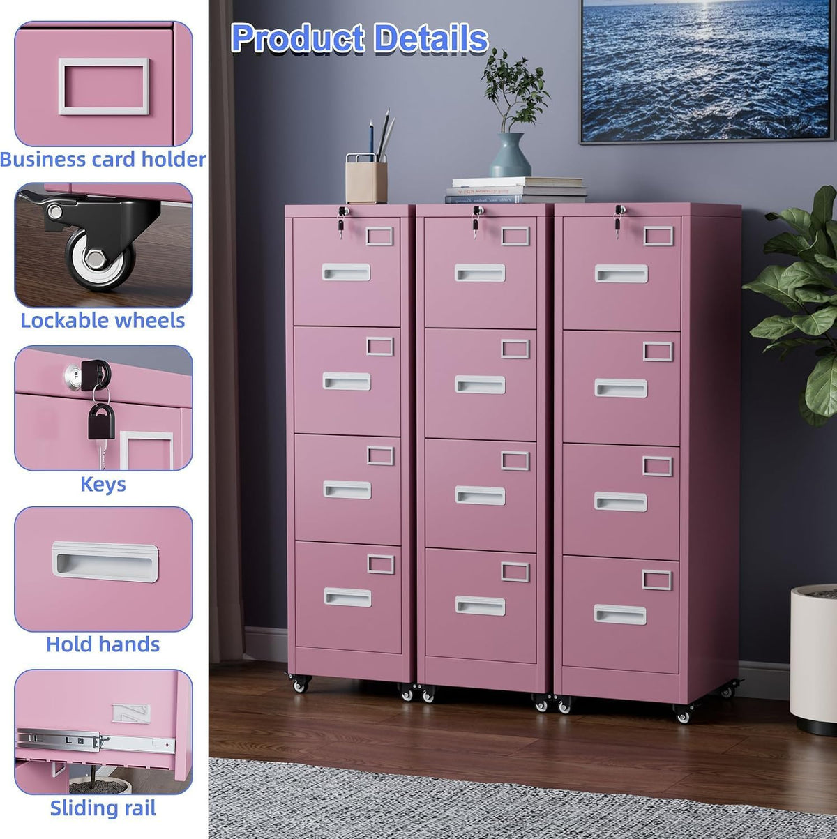 Pink 4-Drawer Metal File Cabinet with Lock and Wheels C16865