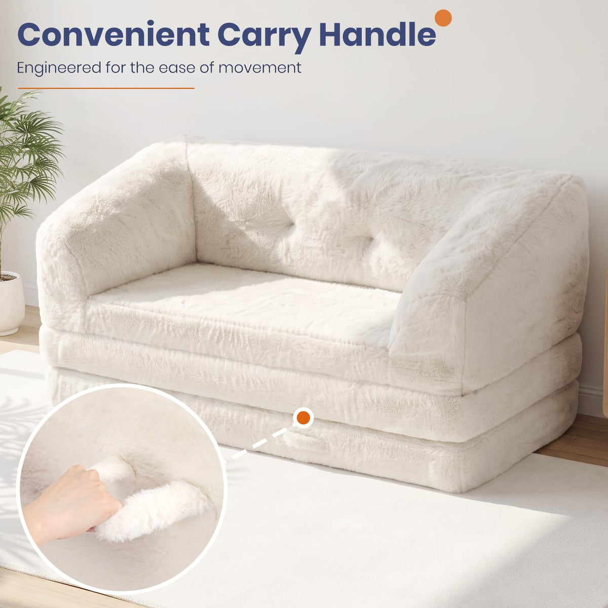 Convertible Folding Sofa Bed, 2 in 1 Portable Floor Couch & Foam Mattress with Handle, Space-Saving Faux Fur Futon Chair for Living Room, Bedroom, Guest Room (Loveseat, Beige) O28407