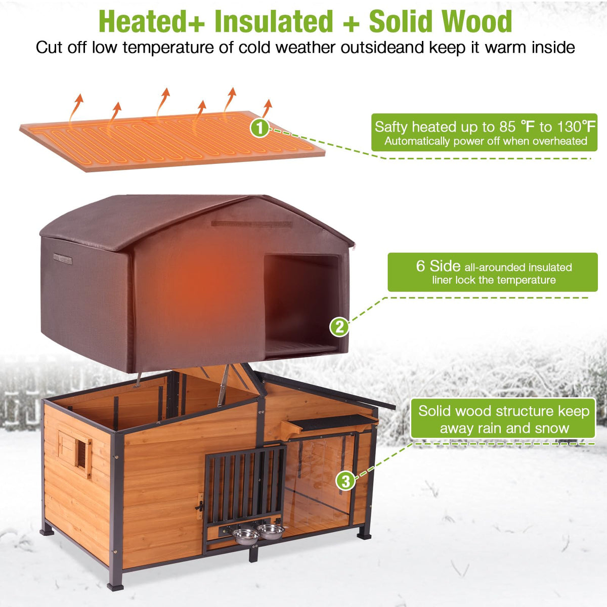 60" Heated Dog House with Heated Pad and Rotating Food Bowl O91619