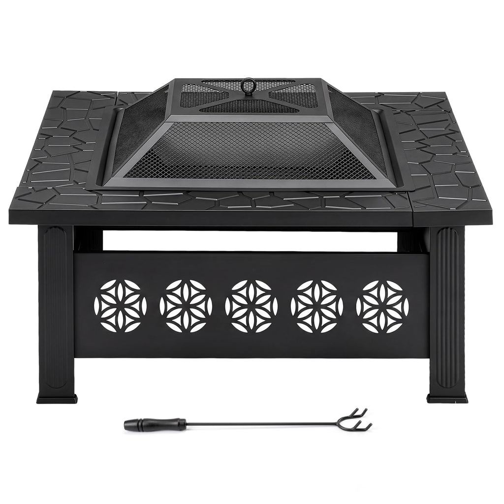 32 Inch Square Wood Burning Fire Pit Table with Spark Screen Lid and Fire Poker Y308