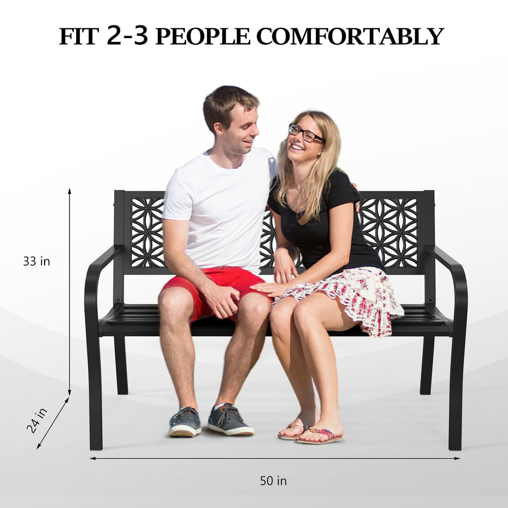 50" Black Metal Outdoor Bench with Floral Back E751862