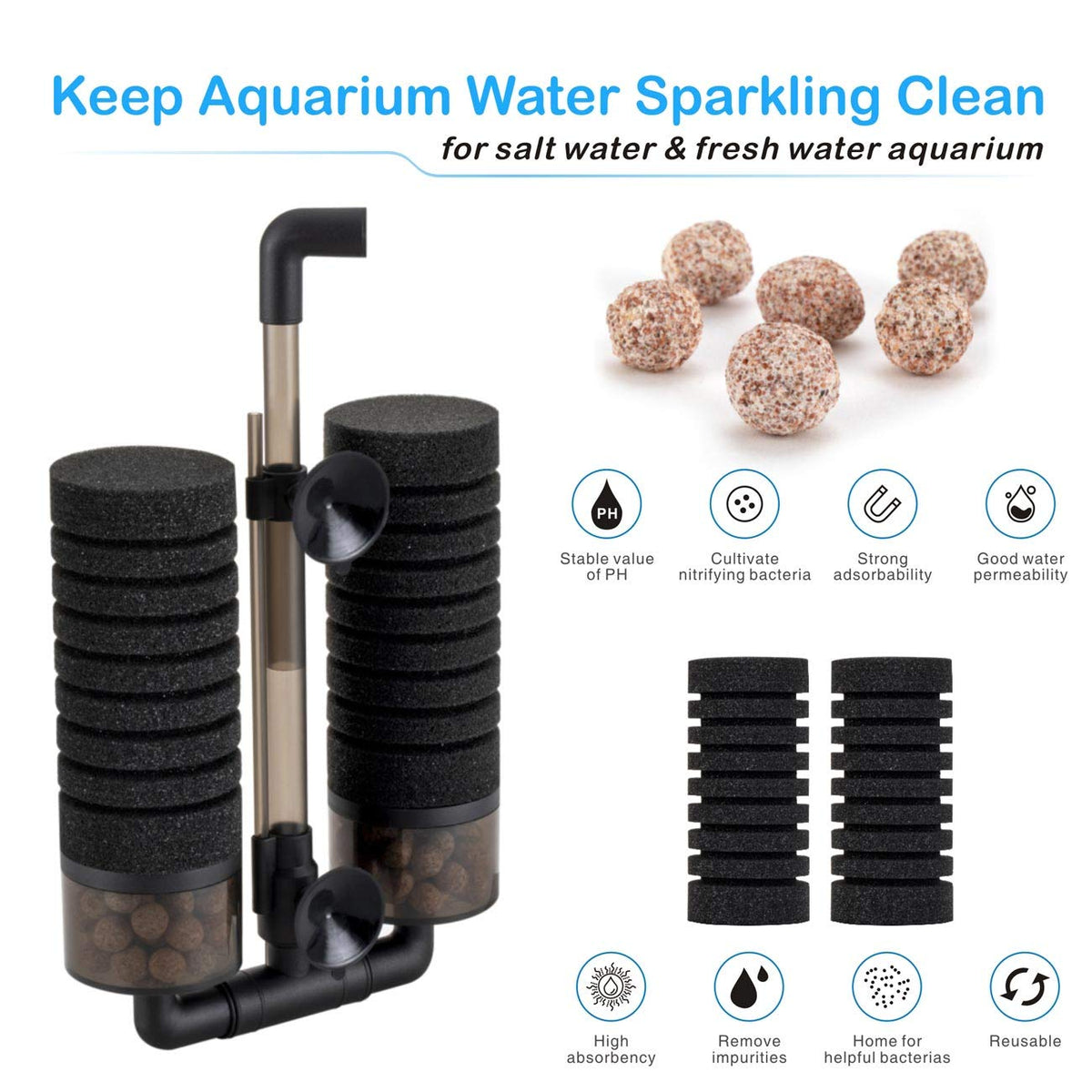Aquarium Double Sponge Filter with Bio Ceramic Media Balls T3301