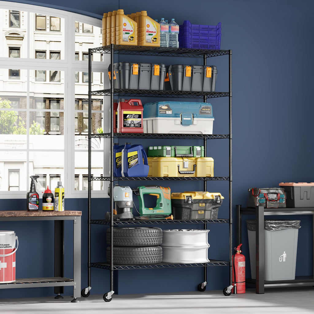 6-Tier Black Wire Shelf with Wheels N9668
