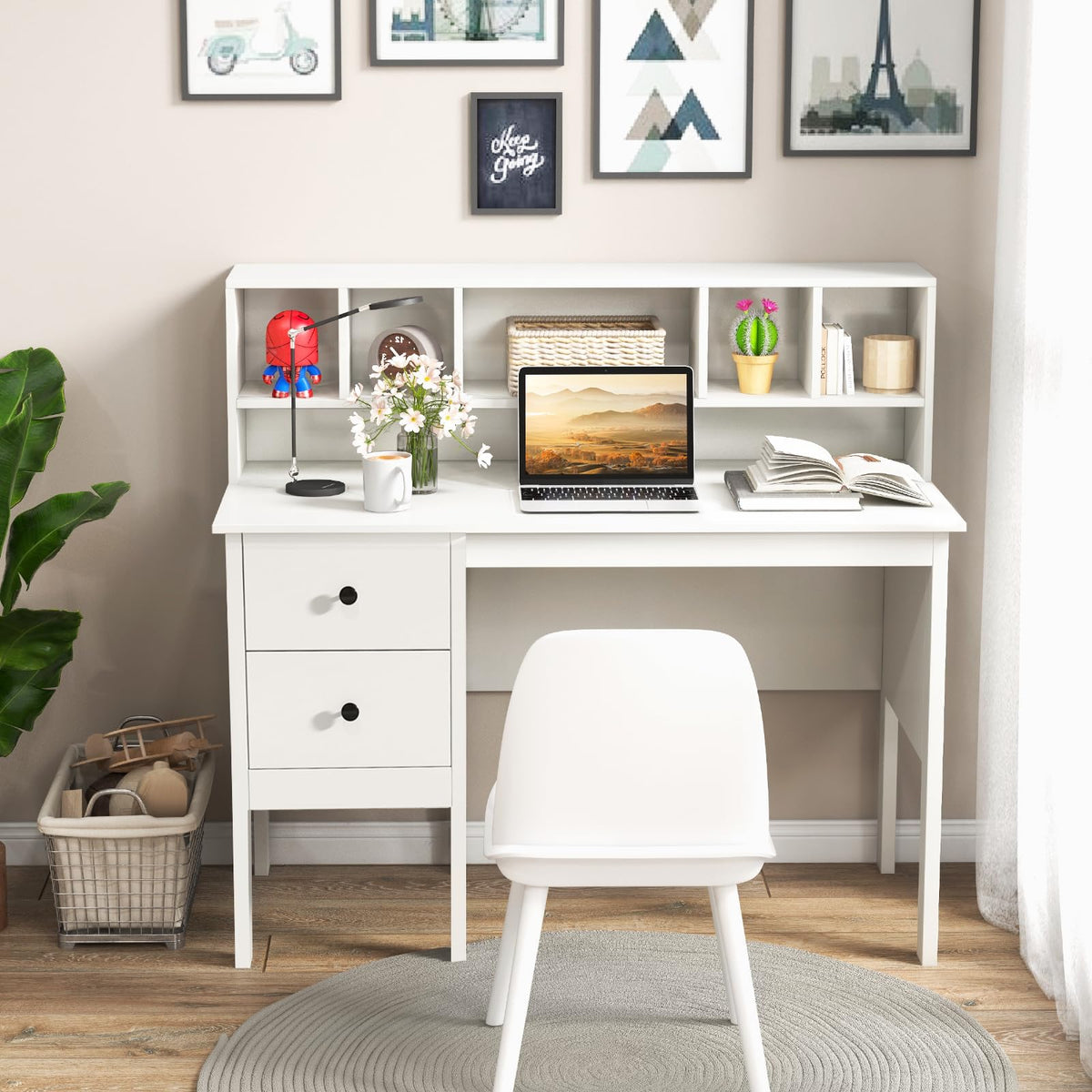 White Desk with Drawers and Hutch B296