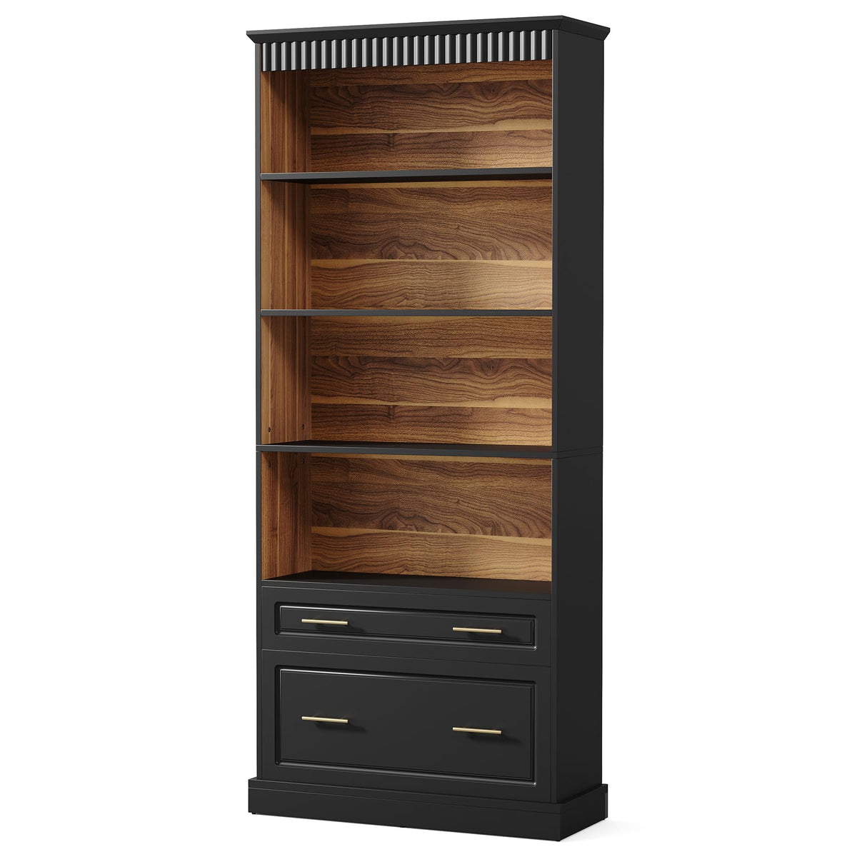 72" Tall Black 5-Tier Bookcase with 2 Drawers T655
