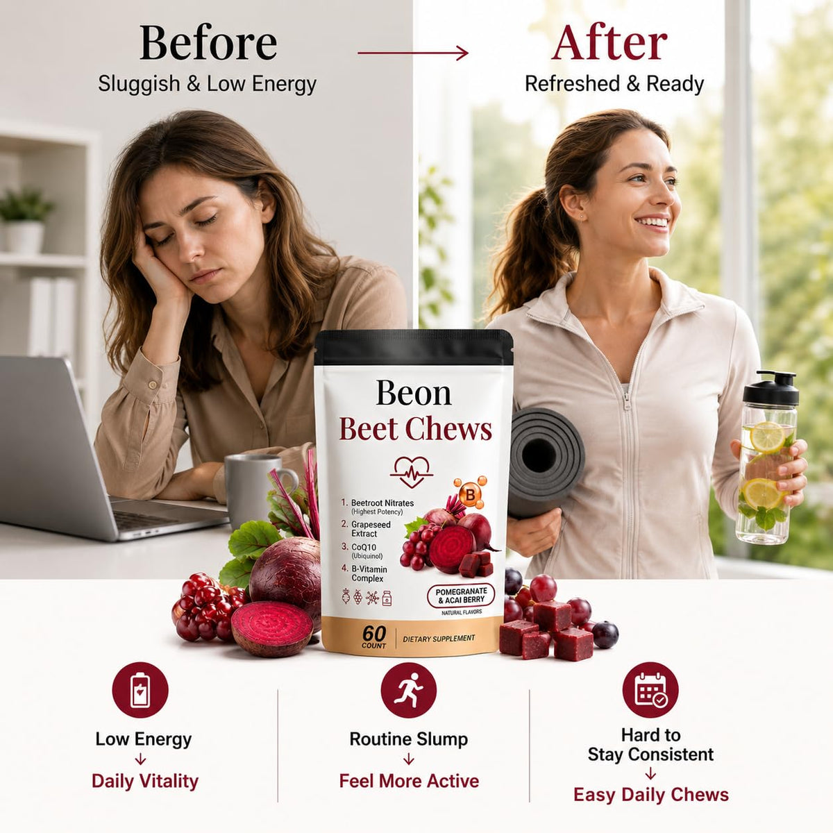 Beetroot Chews Gummies with Grape Seed & L-CoQ10, 60 Chew X6558