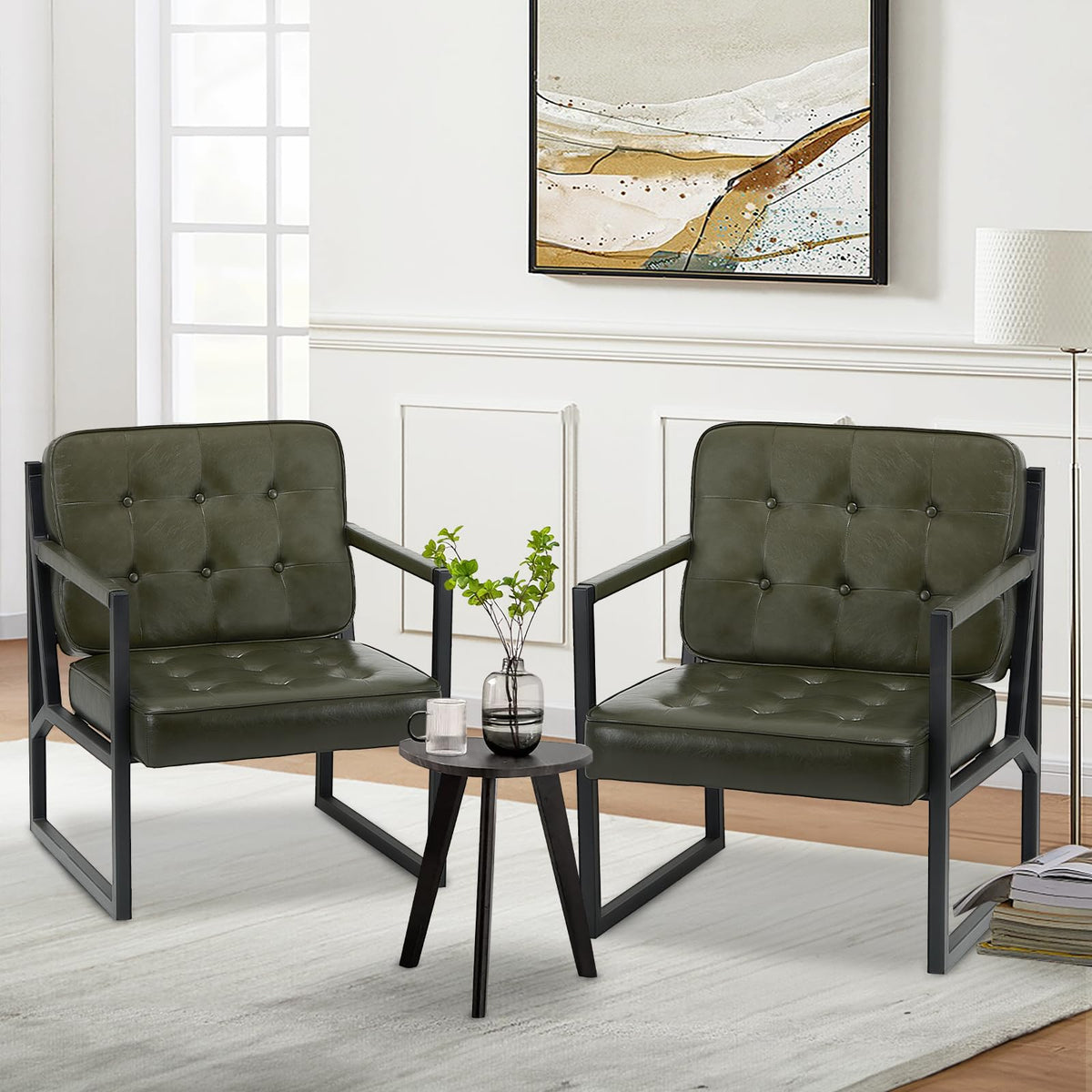 Set of 2 Green Leather Accent Chairs with Metal Legs Y340