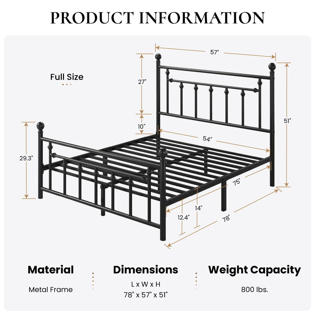 14" Full Size Black Metal Platform Bed Frame with Headboard and Footboard K193