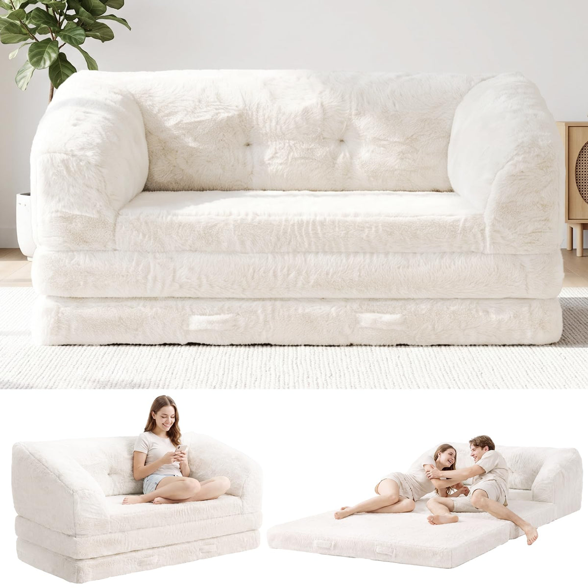 Convertible Folding Sofa Bed, 2 in 1 Portable Floor Couch & Foam Mattress with Handle, Space-Saving Faux Fur Futon Chair for Living Room, Bedroom, Guest Room (Loveseat, Beige) O28407