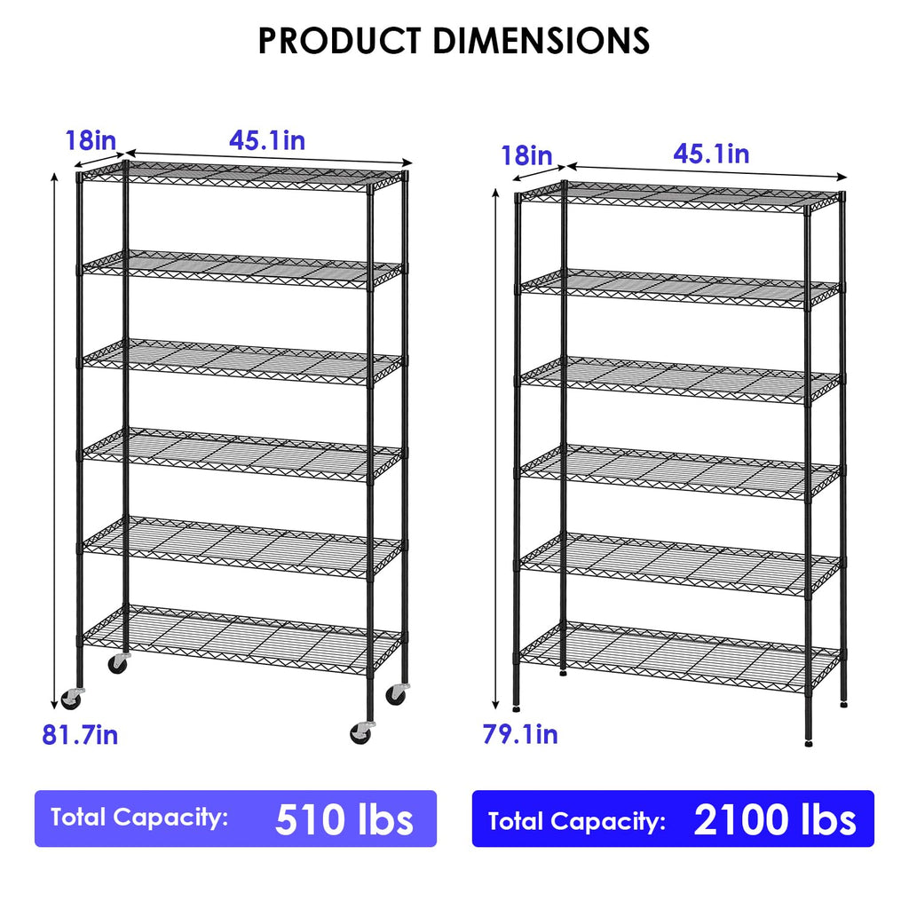 6-Tier Black Wire Shelf with Wheels N9668