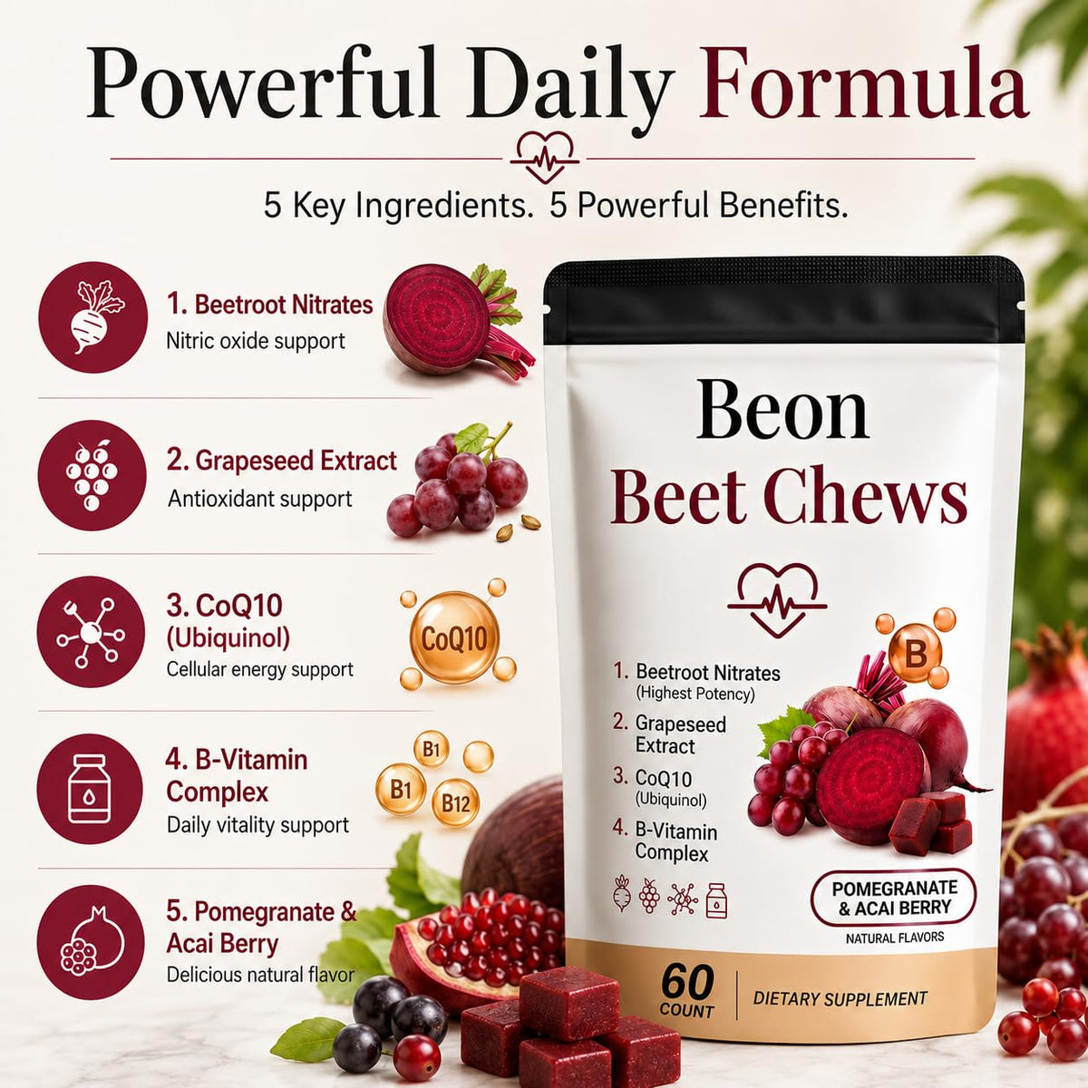Beetroot Chews Gummies with Grape Seed & L-CoQ10, 60 Chew X6558